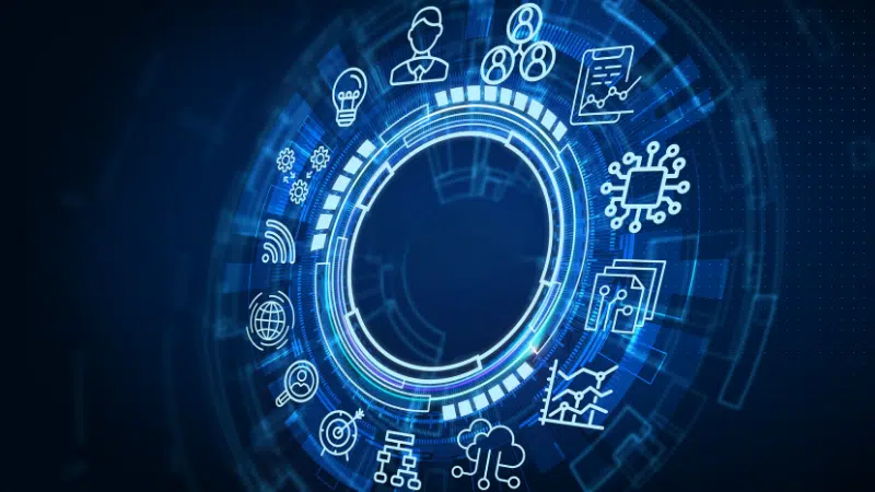 Futuristic digital interface with technology and data analytics icons, representing artificial intelligence, cloud computing, machine learning, and business intelligence.