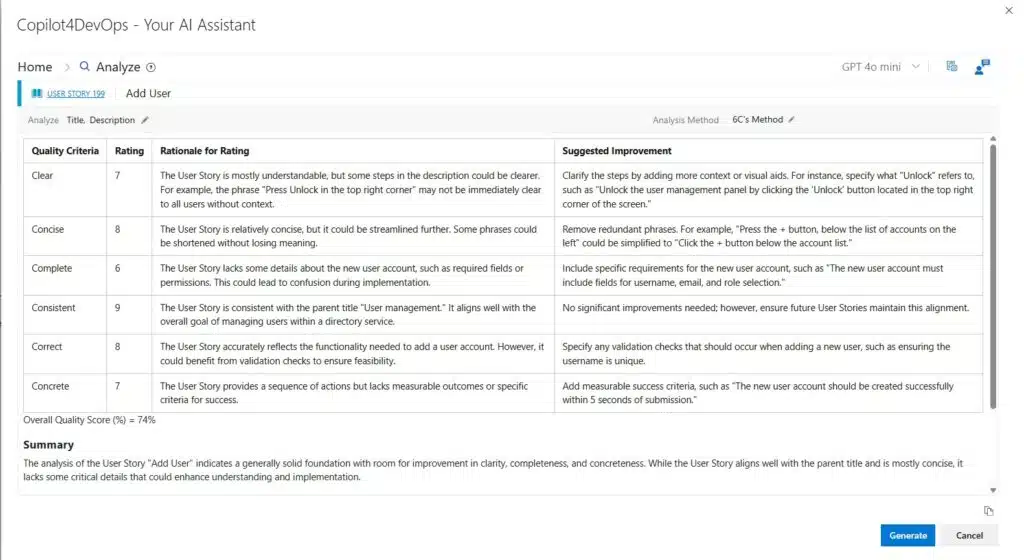 Copilot4DevOps interface showing AI-powered feature options like Elicit, Analyze, Impact Assessment, and more for software requirement engineering.