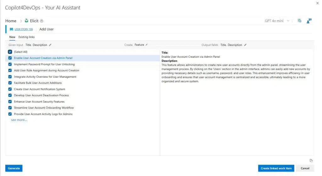 Screenshot of Copilot4DevOps AI tool generating integration test cases for a report management system based on selected user stories.